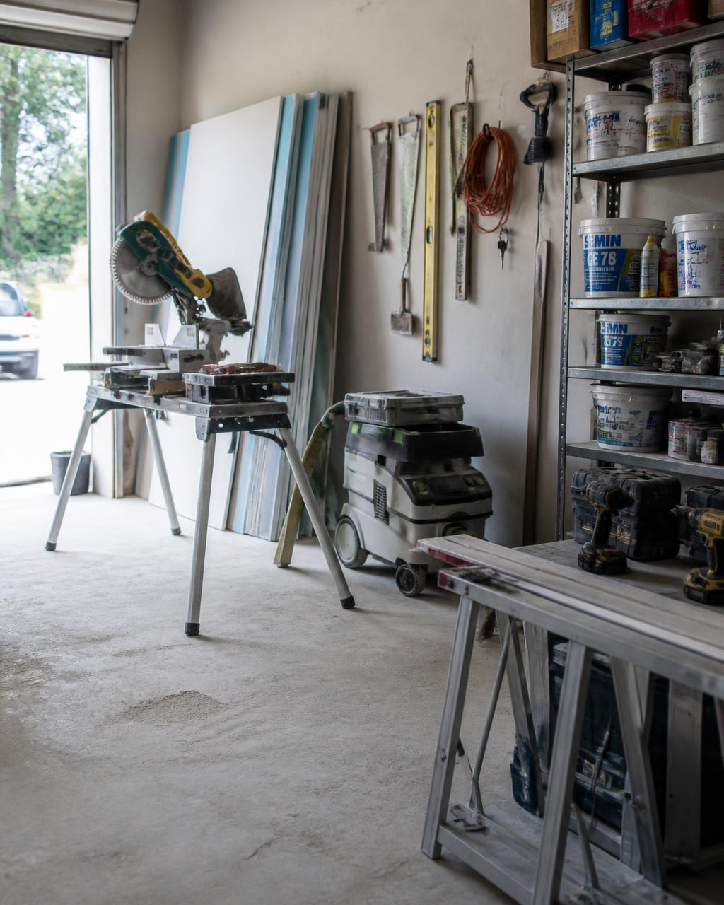 Atelier de rénovation rangé : établi en chêne, outils alignés et lames de parquet empilées